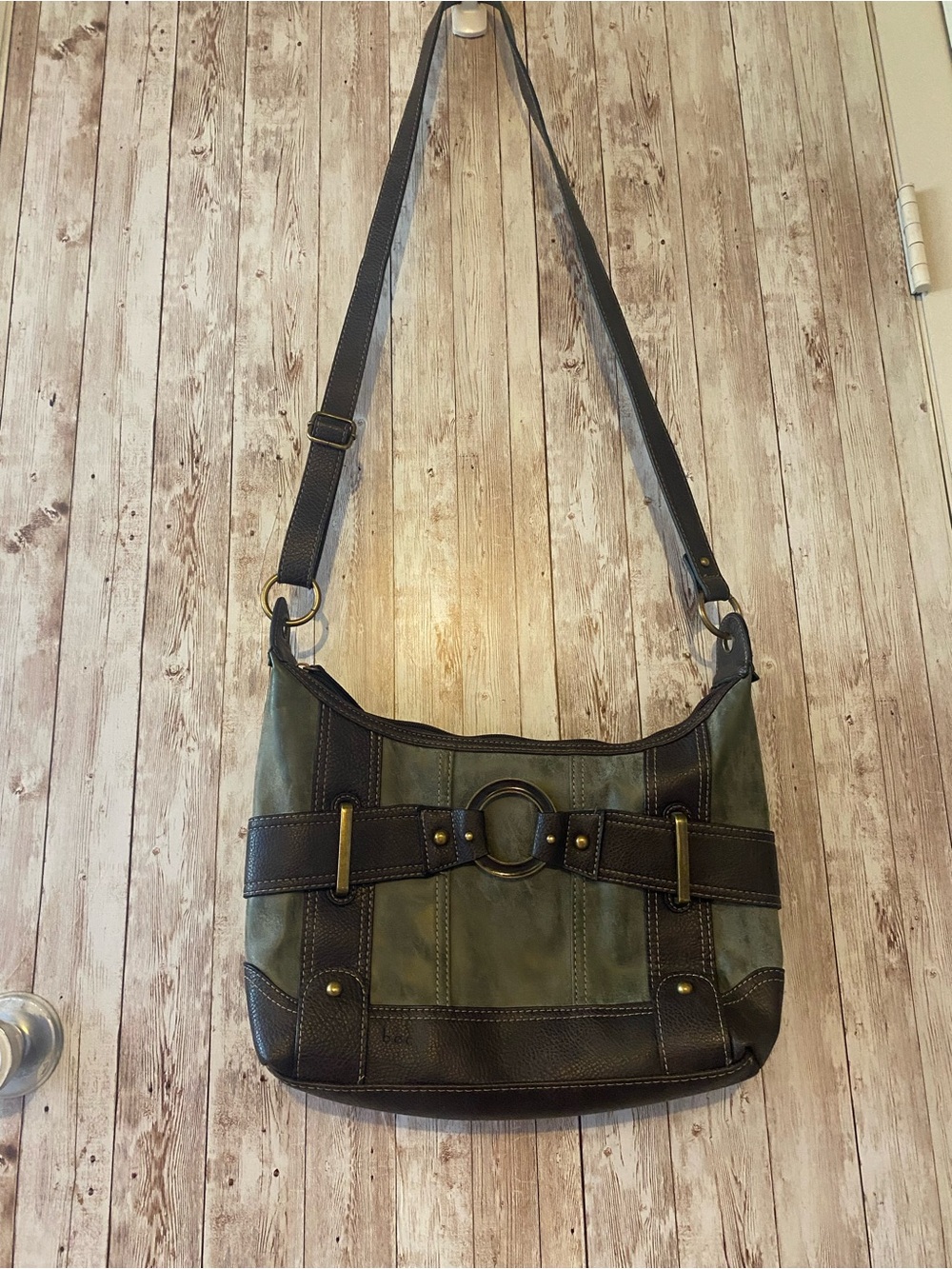 b.o.c Olive Green & Dark Brown crossbody with Ring Accent Gold hardware purse